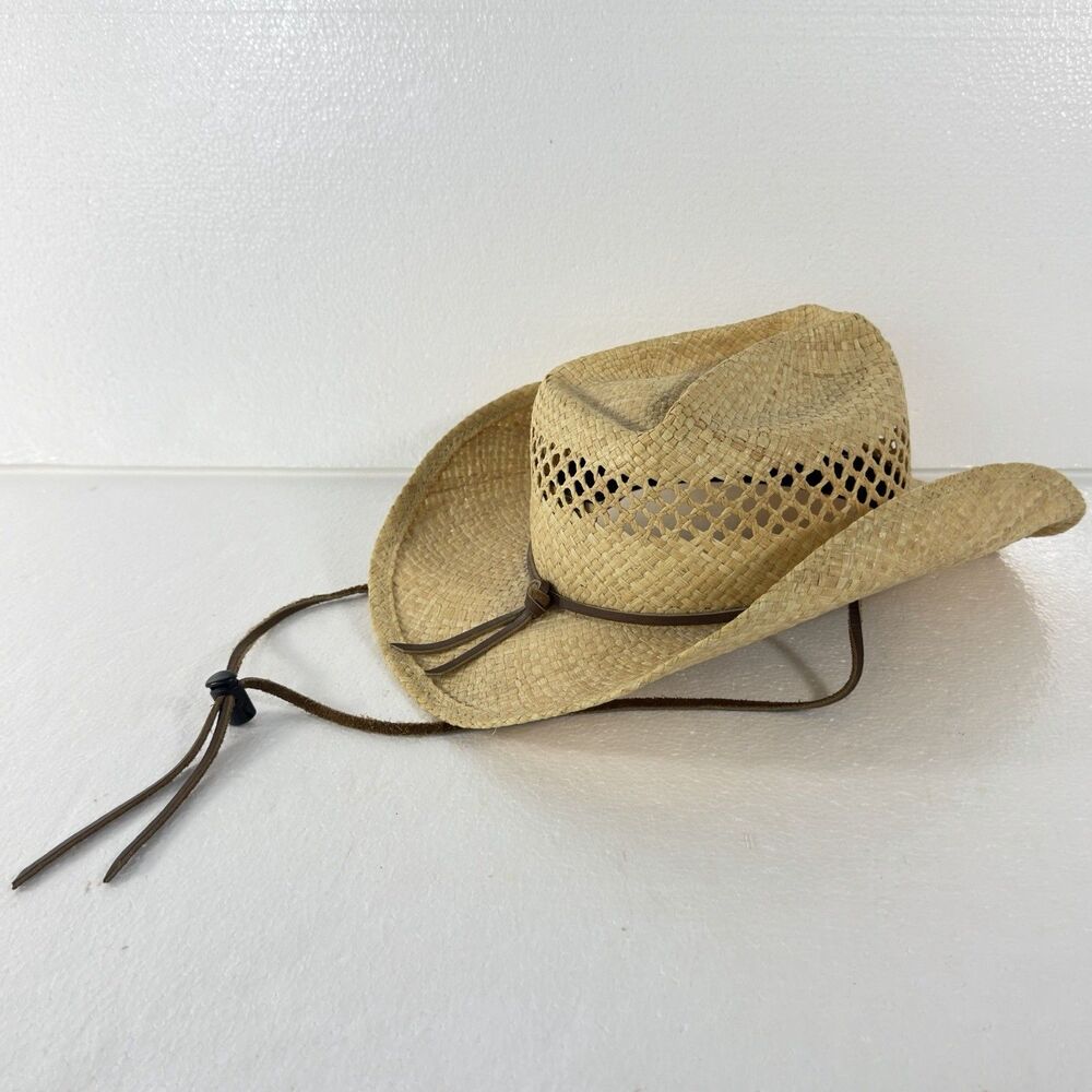 VTG Shady Brady Straw Cowboy Hat Size S Vented Raffia Western Leather Band USA